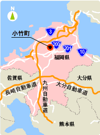 小竹町からアクセス可能な道路マップ